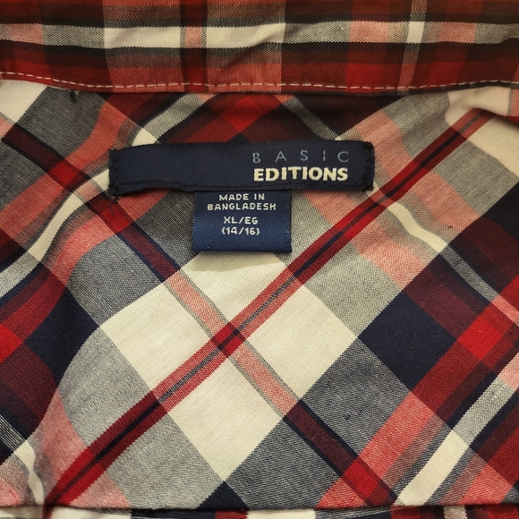 Boys' BASIC EDITION SZ XL Extra Large 14/16 Plaid Red Long-Sleeved Button-Down - Picture 2 of 4